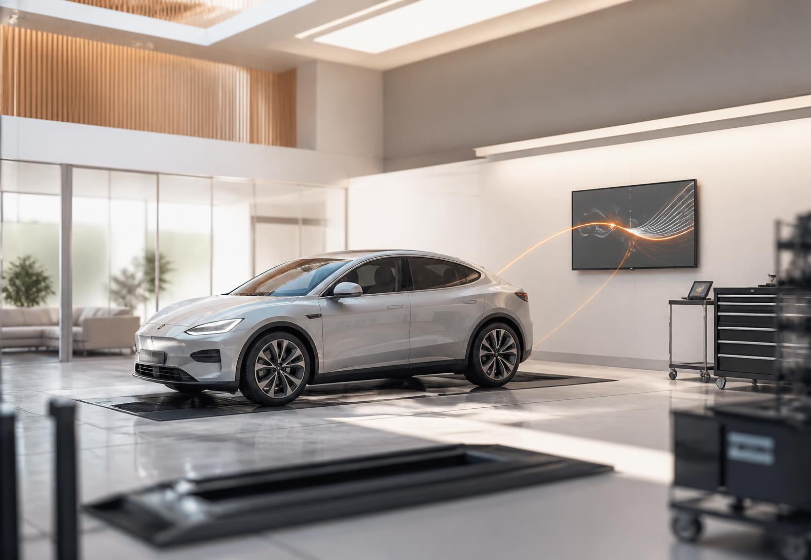 A spotless modern vehicle workshop with a silver connected car and soft orange light lines running to a diagnostic screen