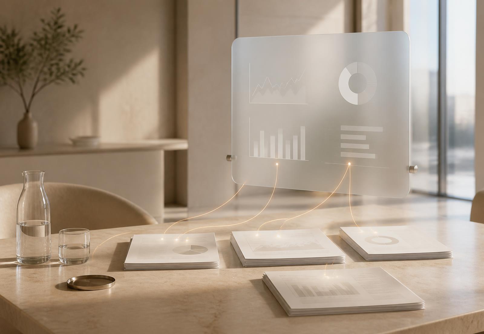 A calm advisory office with review packs on a stone table and soft orange light lines rising to a frosted glass chart panel