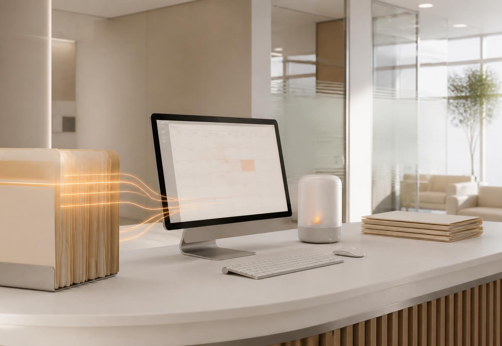 A calm clinic reception desk with folders linked by soft orange light lines to an appointment screen