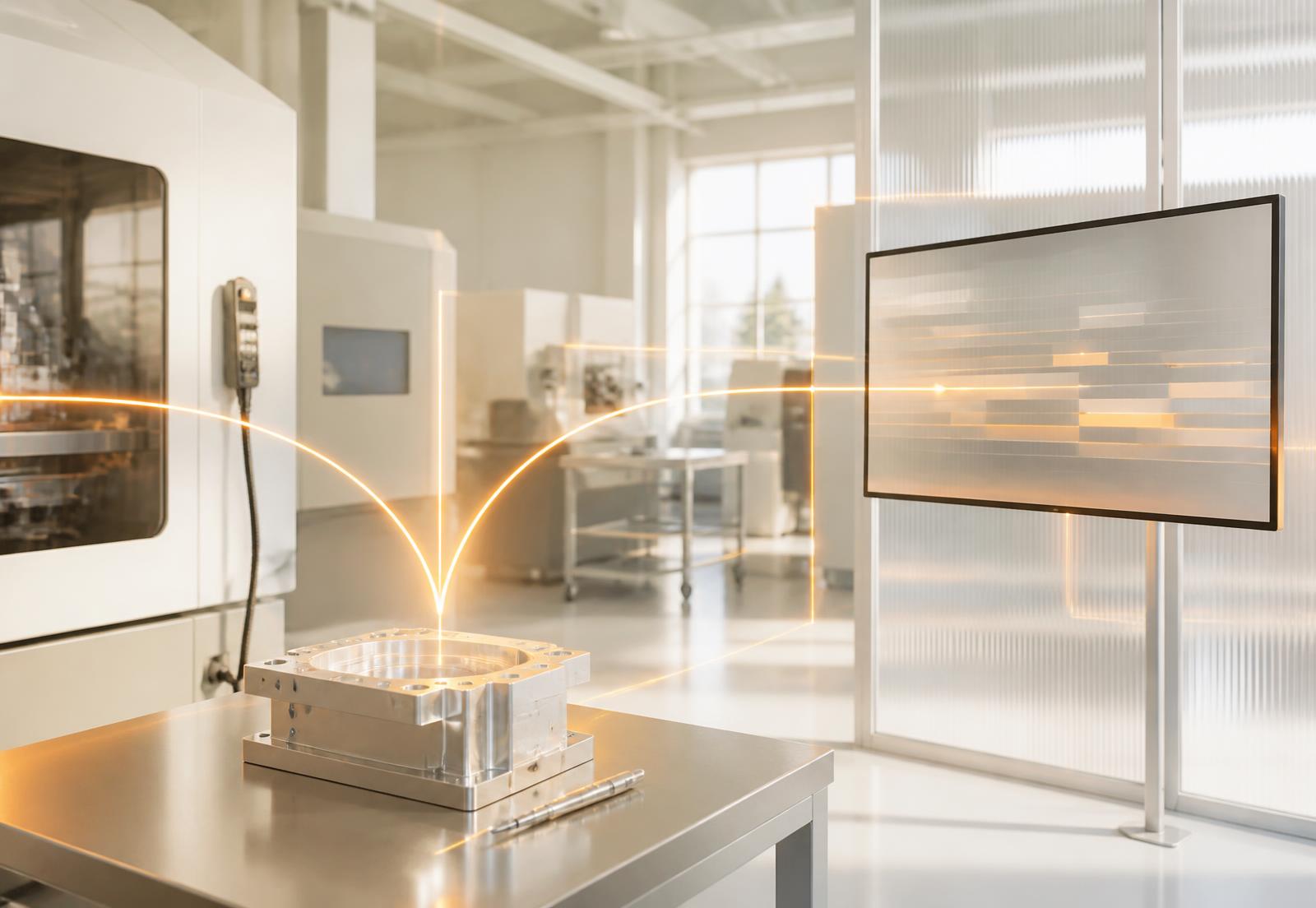 A bright production floor with a precision component linked by soft orange light lines to a production schedule screen