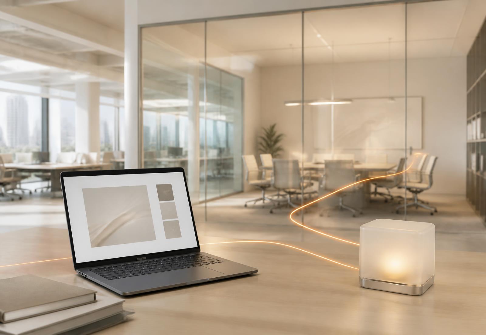 A bright professional services studio with a glass meeting room and soft orange light lines linking a laptop to a small assistant device