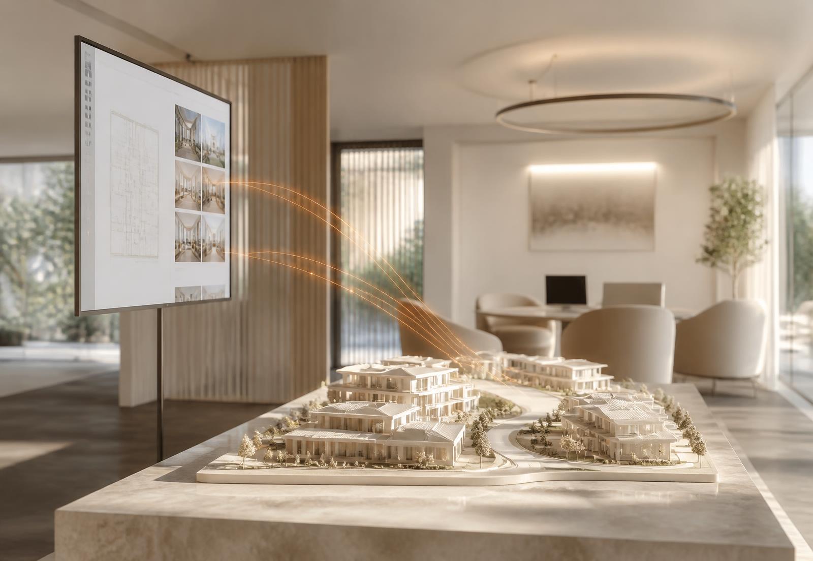 A daylight property office with a pale model of a housing development linked by soft orange light lines to a listings screen