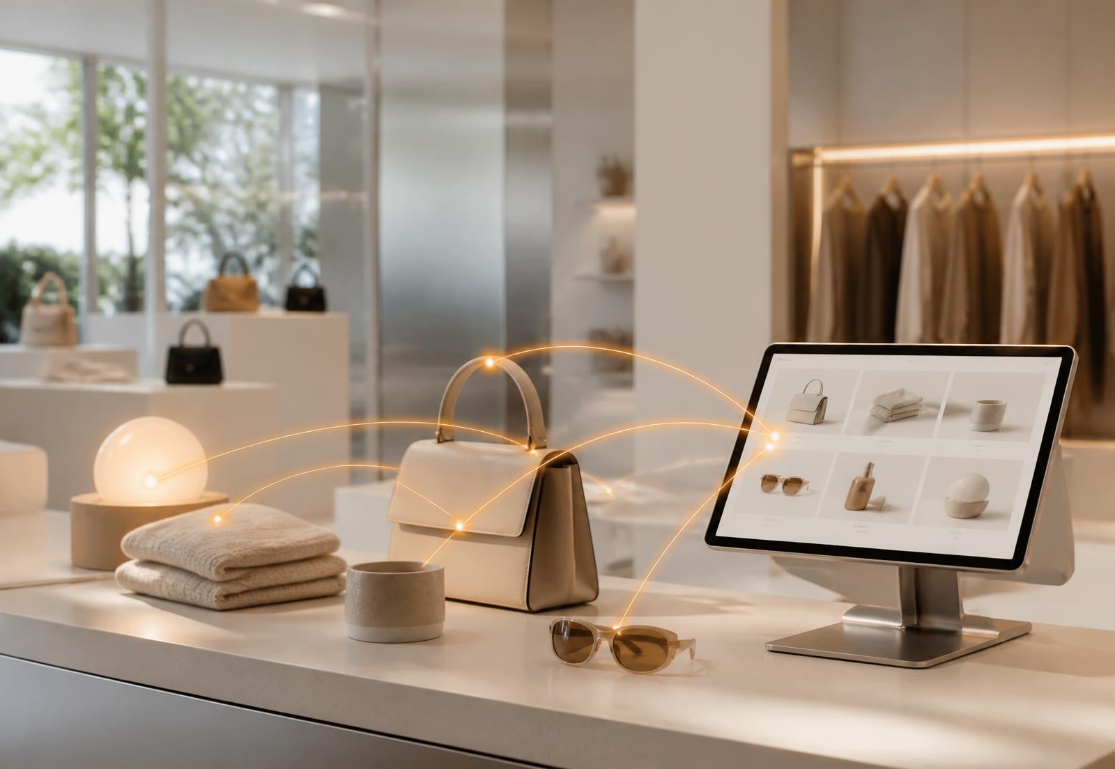 A minimal boutique counter with products linked by soft orange light lines to a tablet showing a product grid
