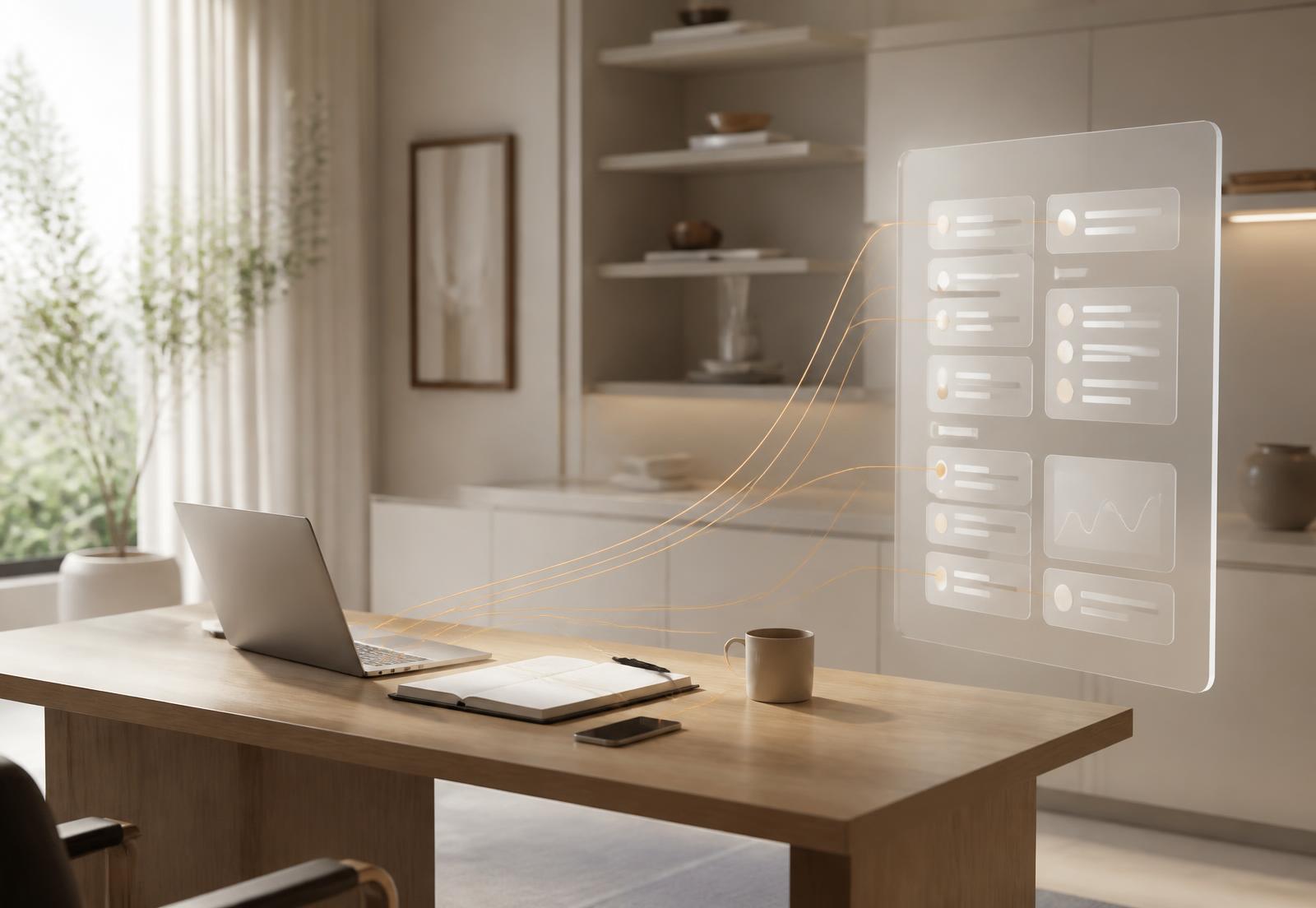 An owner's desk with a laptop and notebook linked by soft orange light lines to a floating panel of task cards