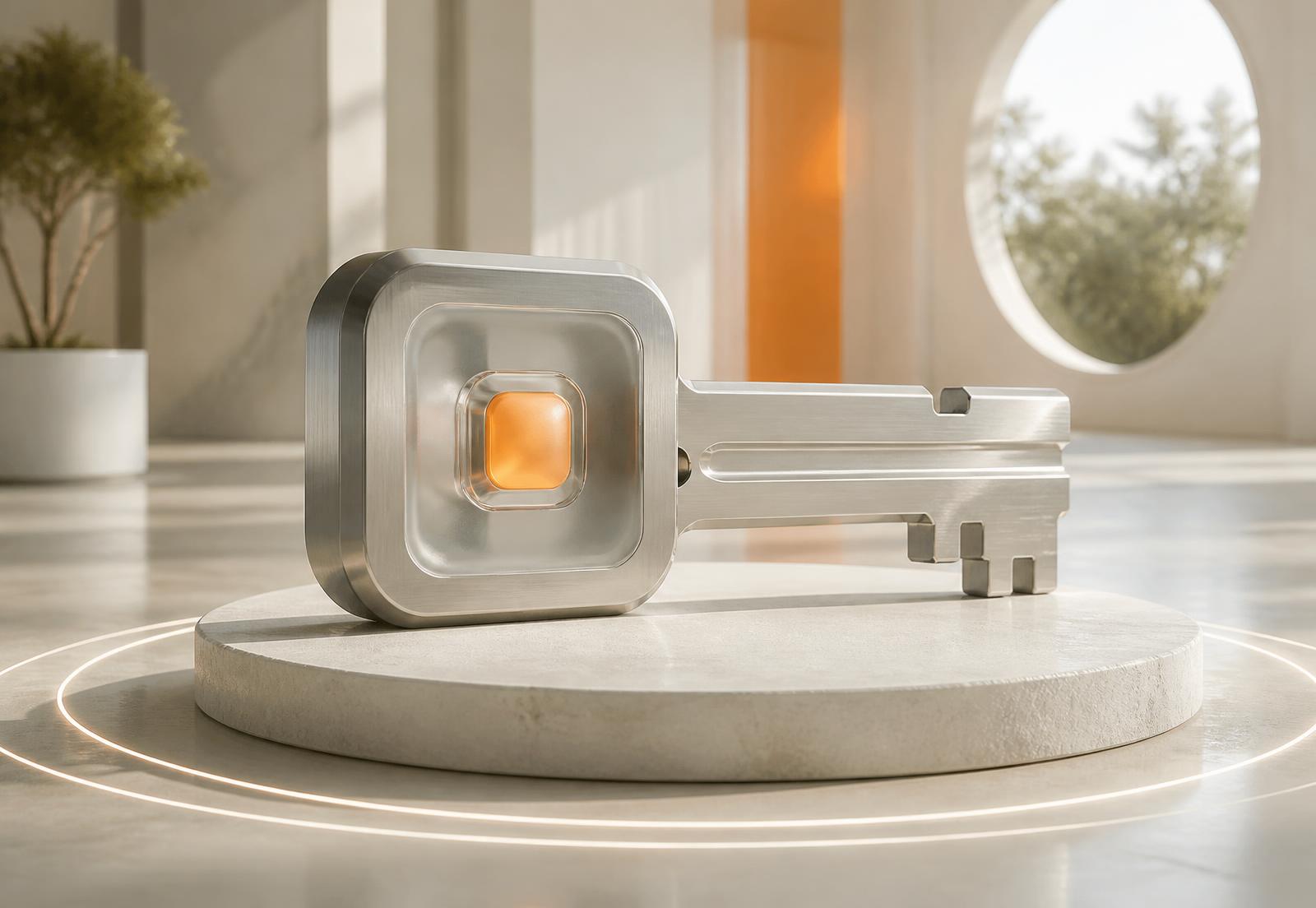 A brushed metal key module on a pale stone plinth