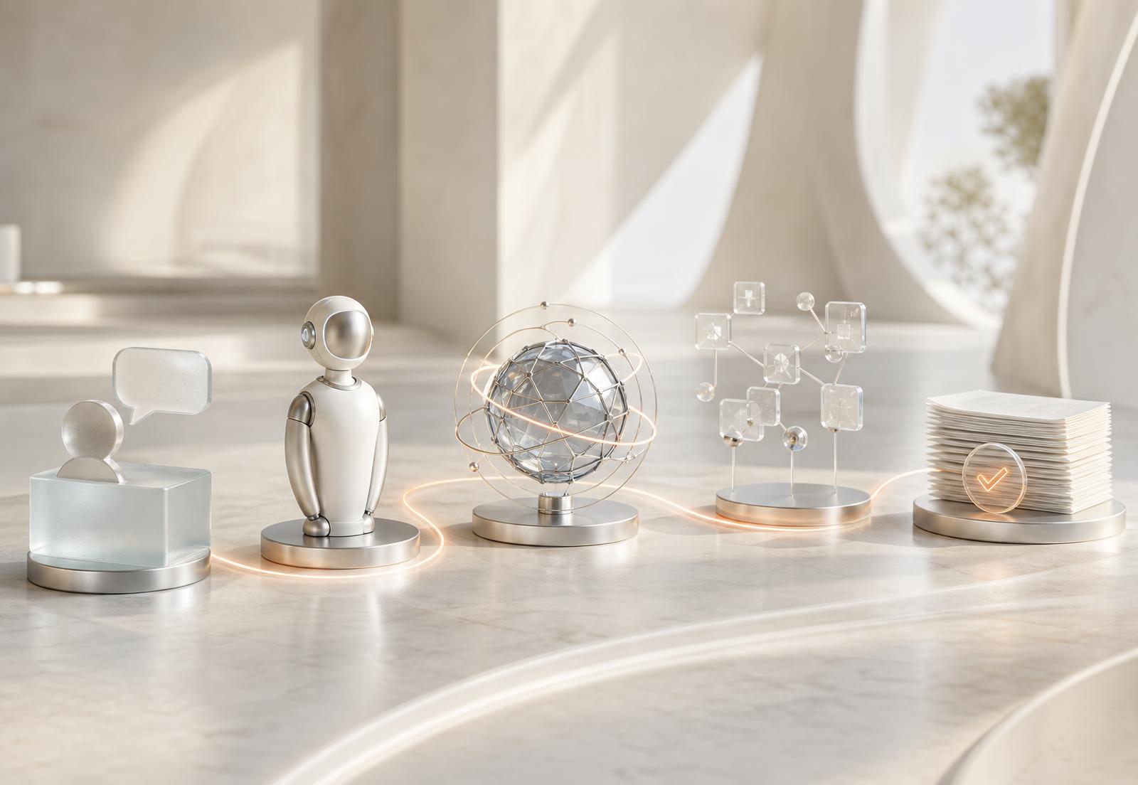 Five glass and brushed-metal stations joined by a line of light: the business owner, ORA, the 8ORA Brain, specialist tools, and finished checked work